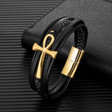 Classic Cross Egyptian Ankh Life Symbol Antique Multilayer 316L Magnetic Clasp Wrap Leather Bracelet - Religious Bangle - The Jewellery Supermarket